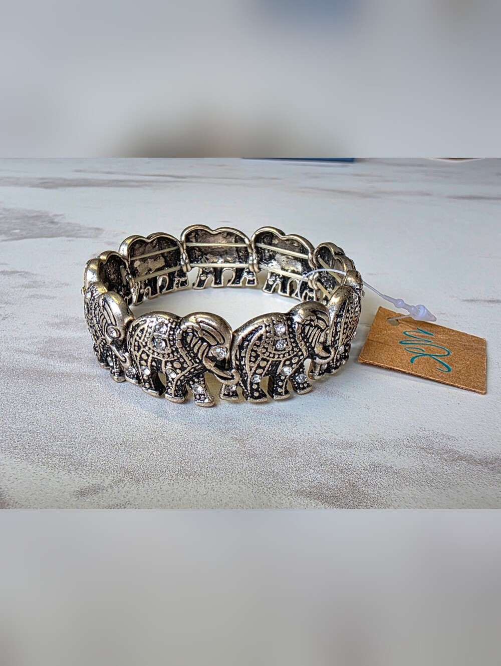 Silver Tone Elephant Stretch Bracelet Vintage Style Rhinestone Accents Boho New